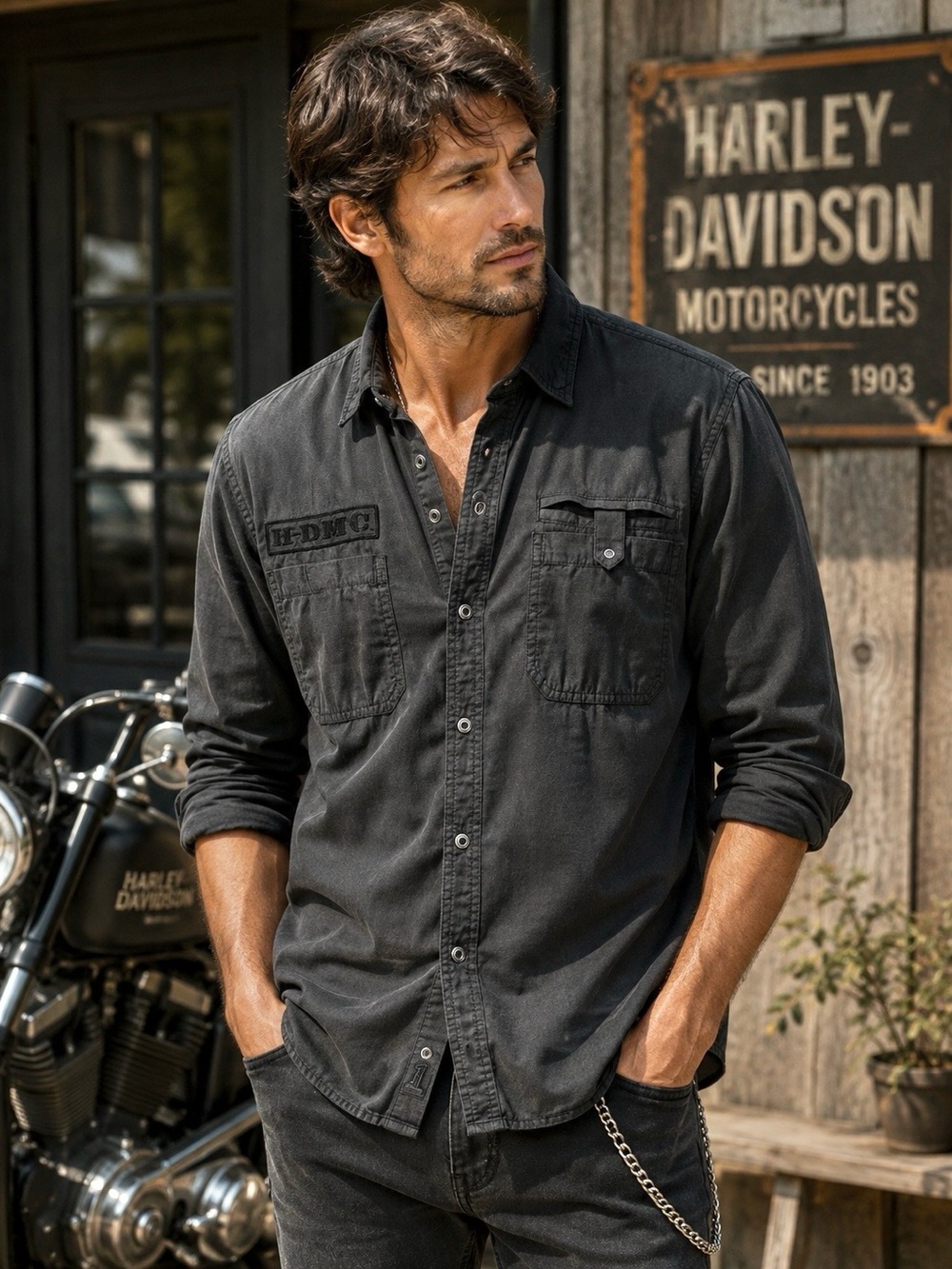 Harley Davidson Mens XL Charcoal Black Snap Utility Shirt Patches Biker Workwear